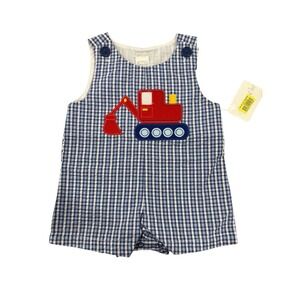 NWT Vtg Boys Seersucker Jumper Excavator Applique 6m Plaid